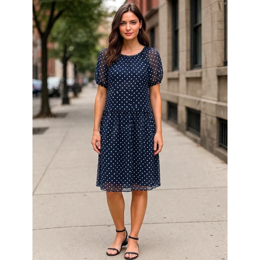 Georges Rech Paris Navy Polka Dot Midi Dress Quiet Luxury A-Line Ruffles Size 8 - Picture 11 of 11